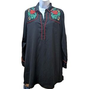 Zara Black Shirt Dress With Floral Embroidery And Contrasting Red Piping Size XS